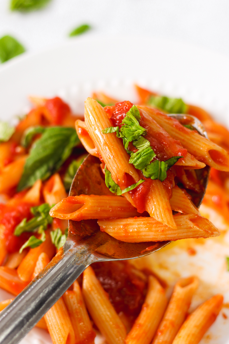 closeup image of easy homemade Italian tomato sauce and pasta on a white plate.