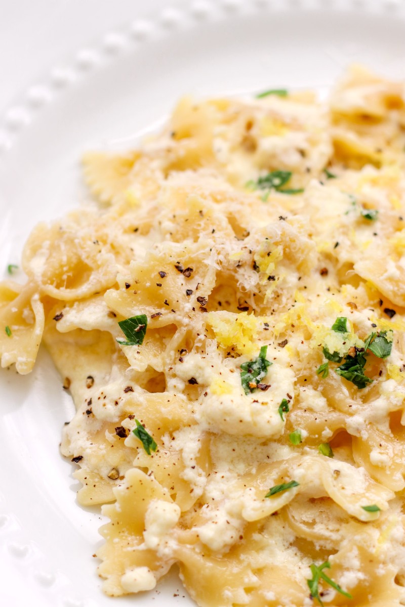 overhead image of easy lemon ricotta pasta on a white plate