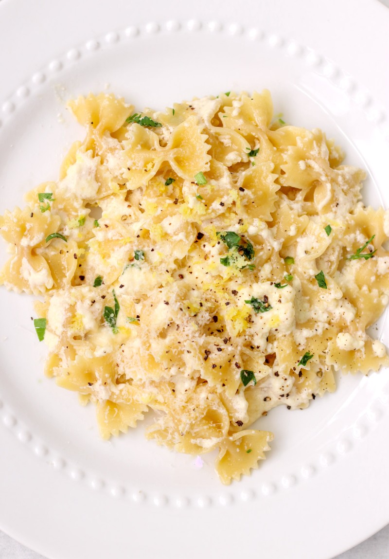 overhead image of pasta on a white plate