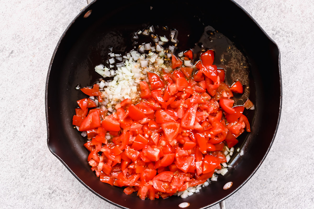 overhead image of ingredients to make pasta with eggplants.