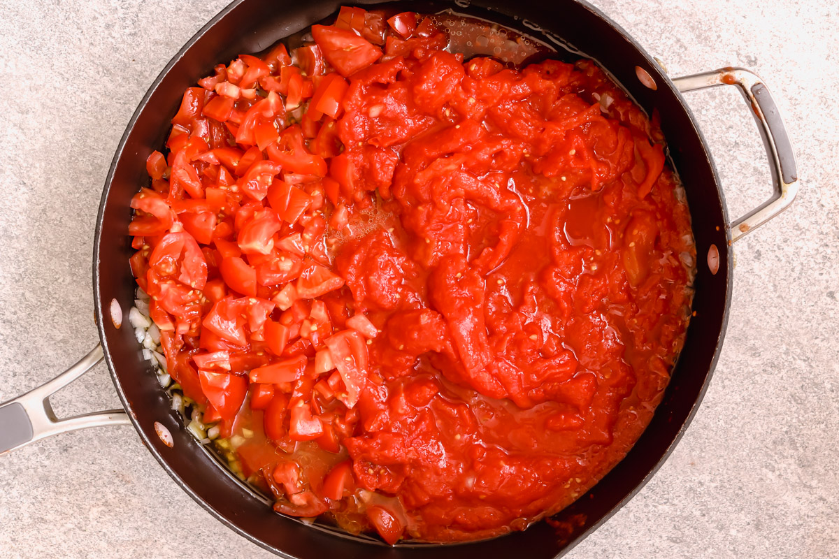 overhead image of making sauce in a skillet.