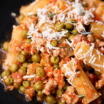Closeup of sicilian pasta with ground chicken.