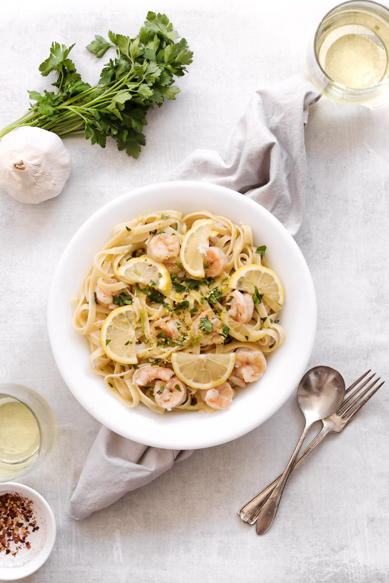 overhead image of Quick and Easy Shrimp Scampi with Linguine 