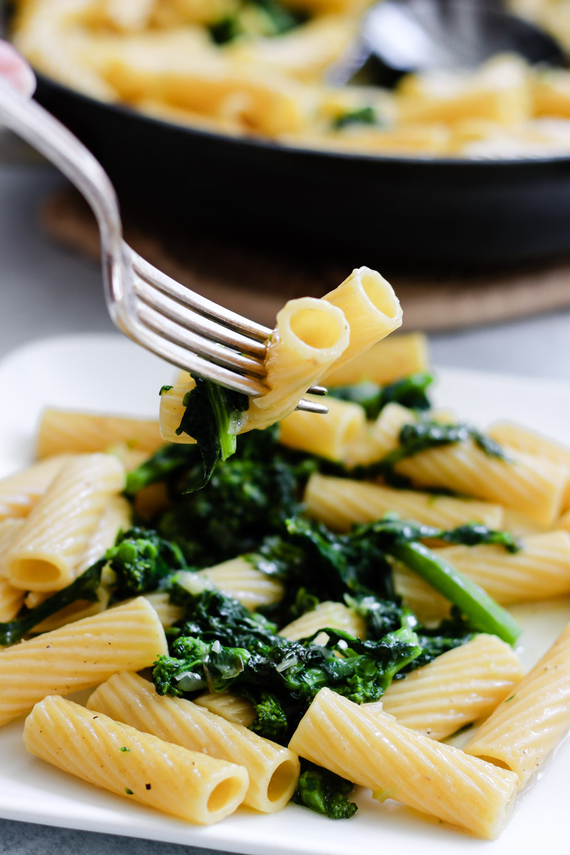 image of fork lifting pasta from a white plate.