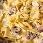 Creamy mushroom pasta closeup.