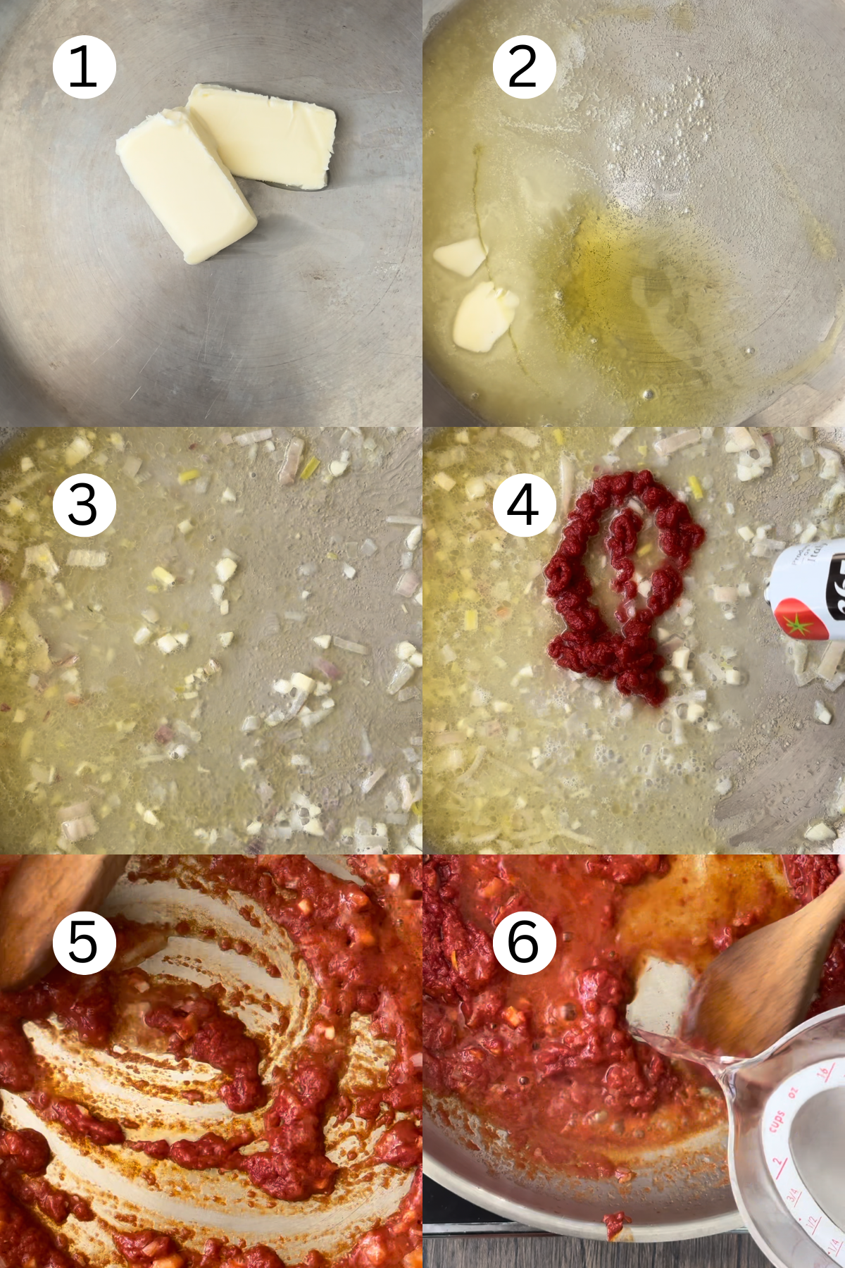 collage of making rigatoni alla vodka in a skillet.