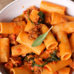 Creamy pasta with sausage.