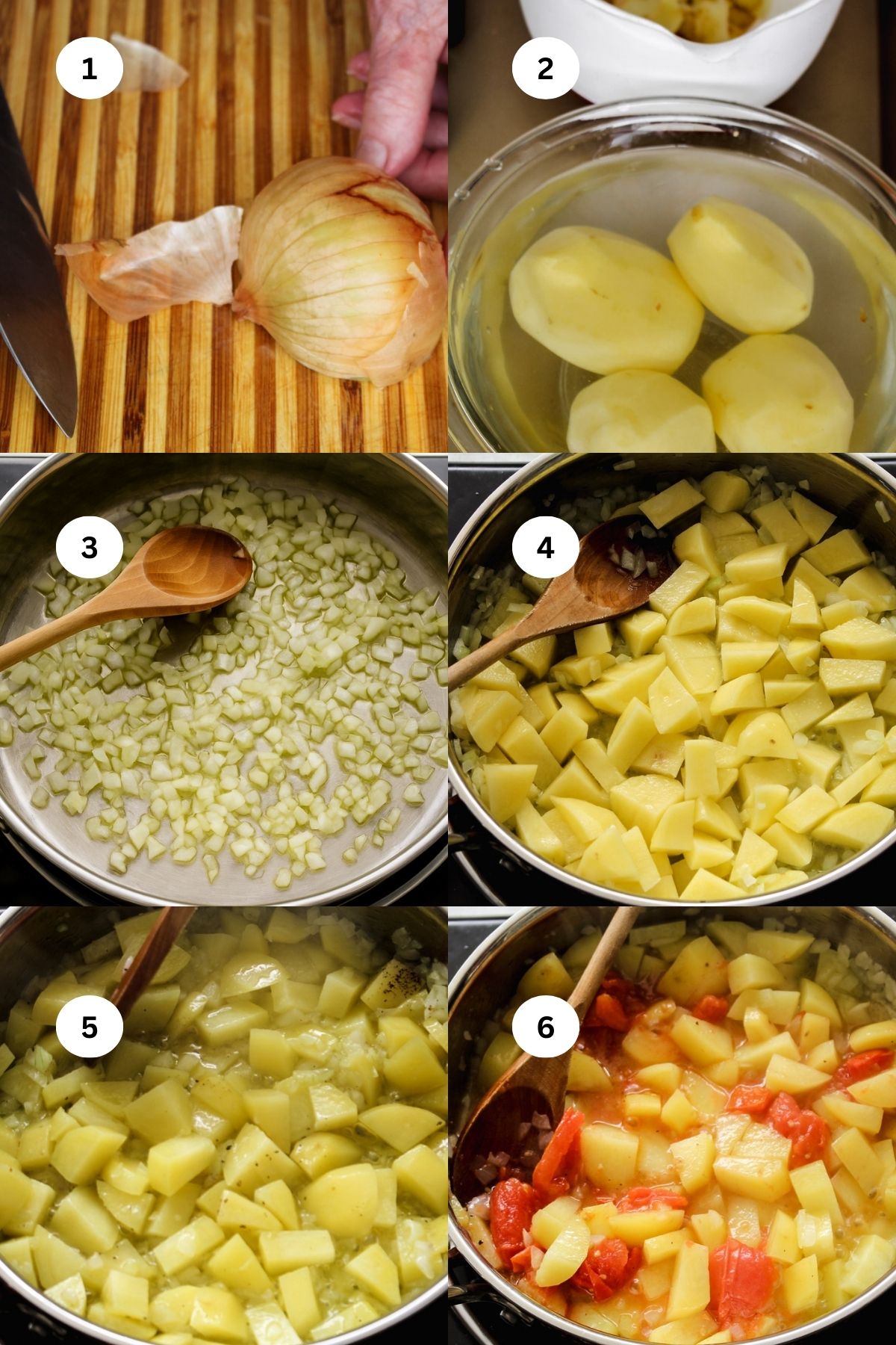 collage of images of making pasta and potatoes in a large skillet. 