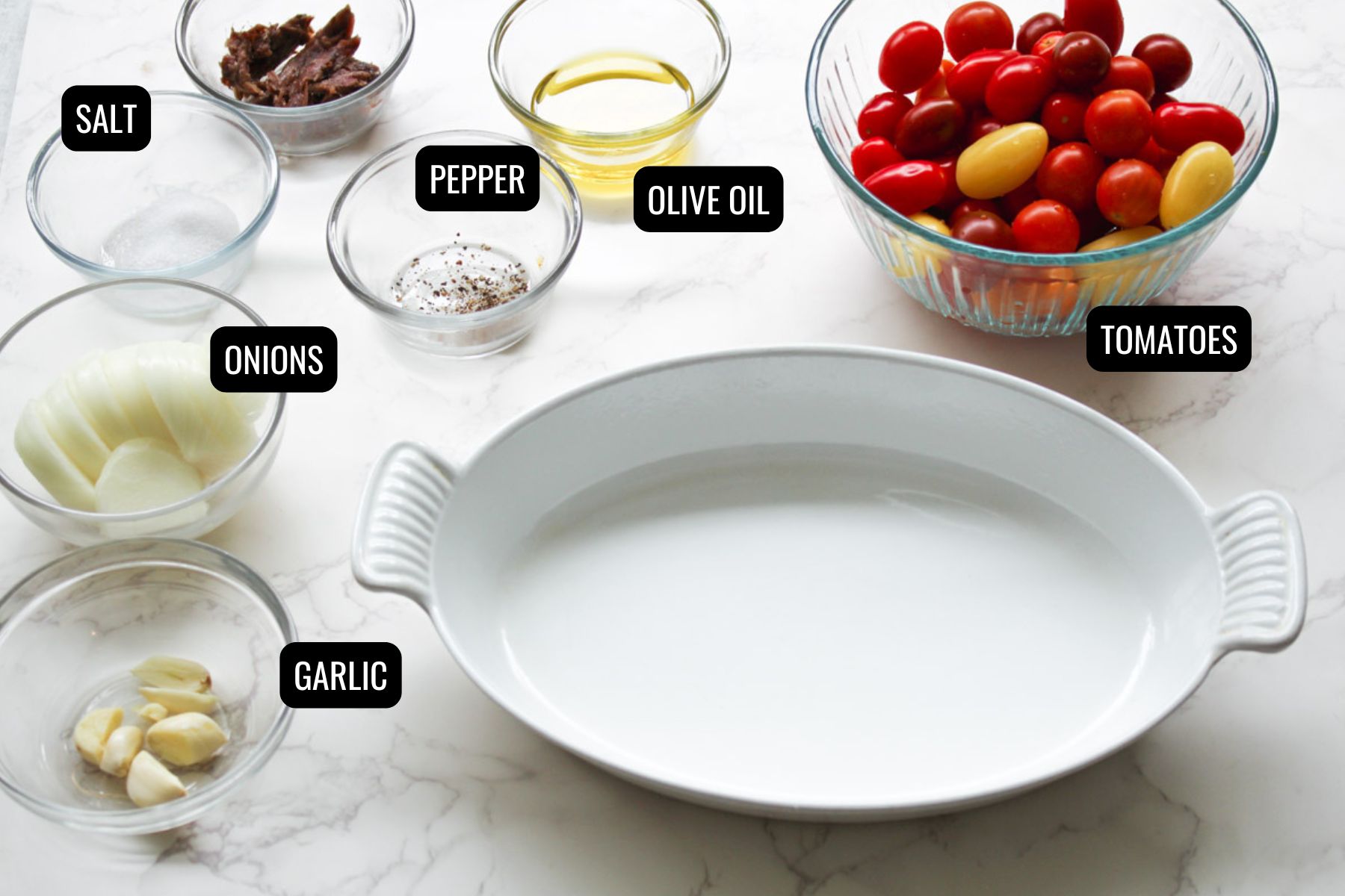 ingredients in small bowls to make roasted tomato pasta sauce and a white casserole. 