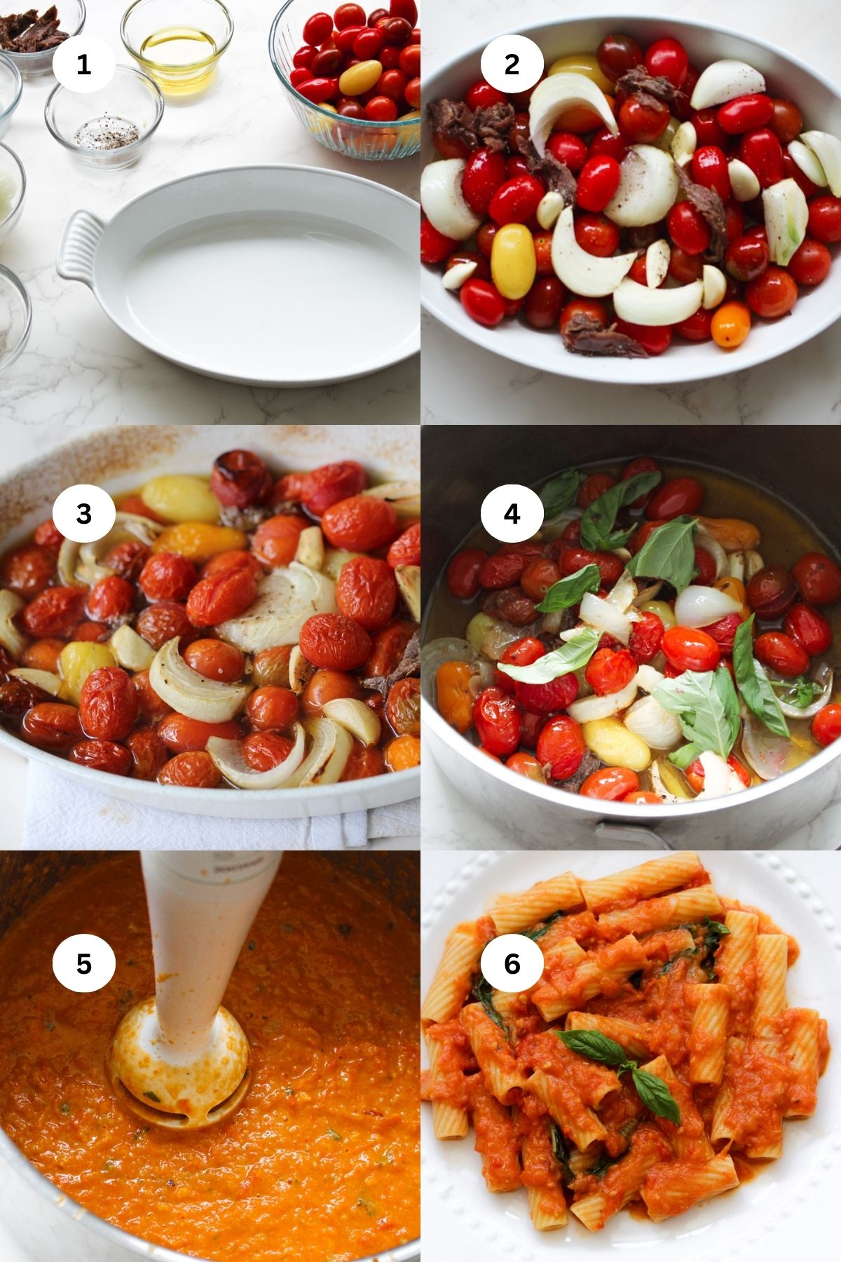 collage of photos step by step showing how to make roasted tomato pasta sauce. 