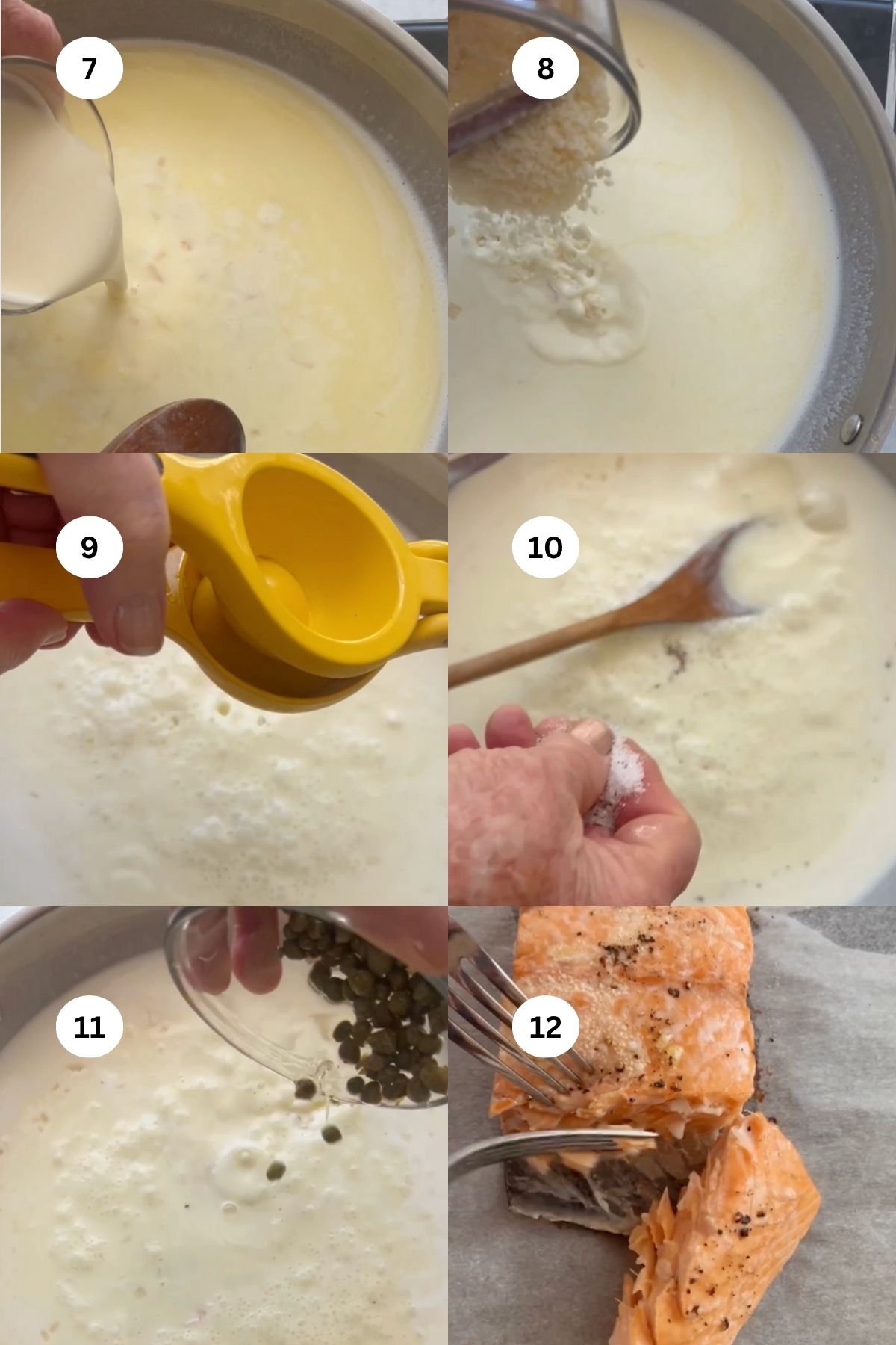 collage of images of creamy salmon pasta step by step.