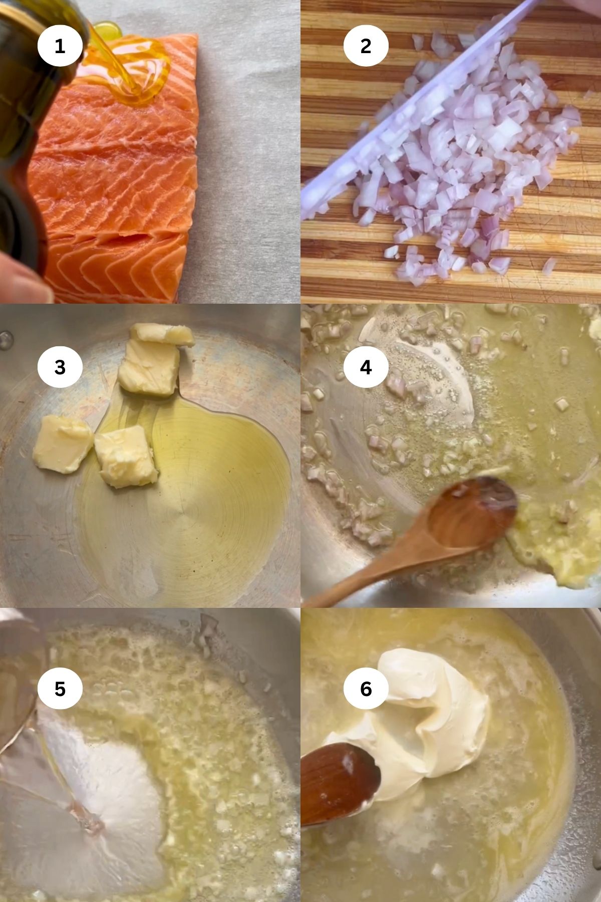 collage of images of creamy salmon pasta ingredients.