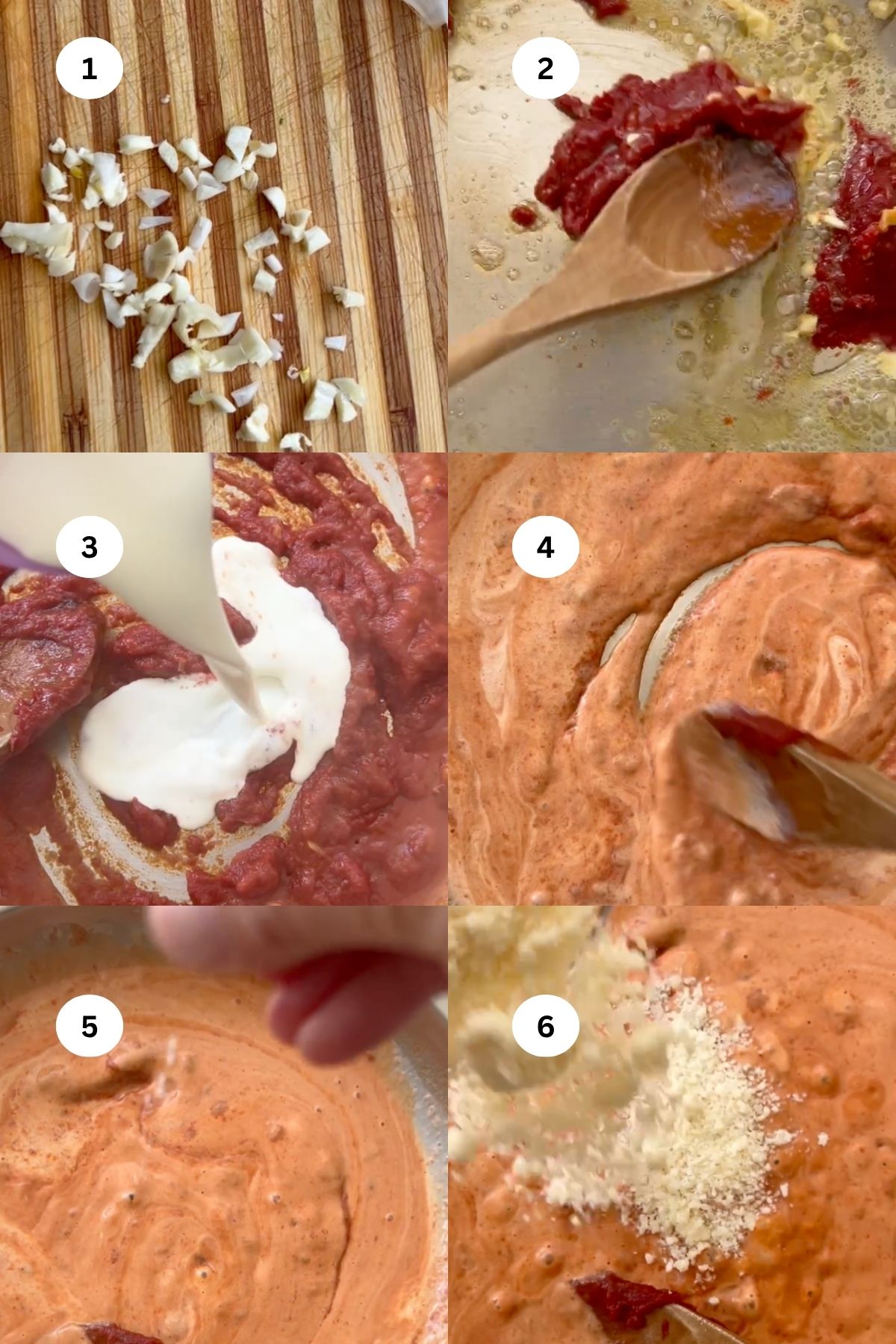 collage of images to make creamy tomato pasta sauce. 