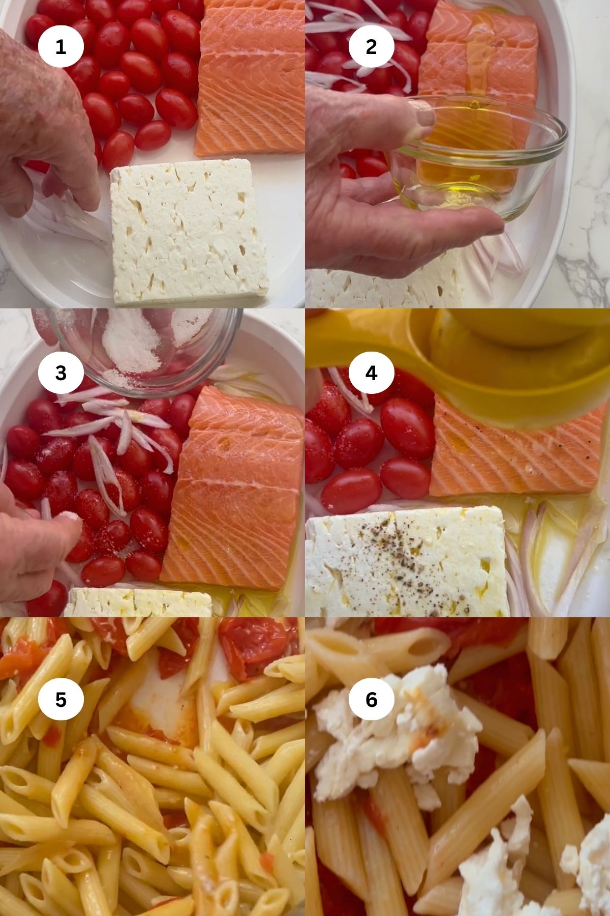 collage of images to make salmon feta pasta. 