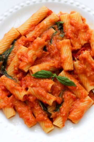 Closeup of roasted tomato pasta sauce on a white dish.