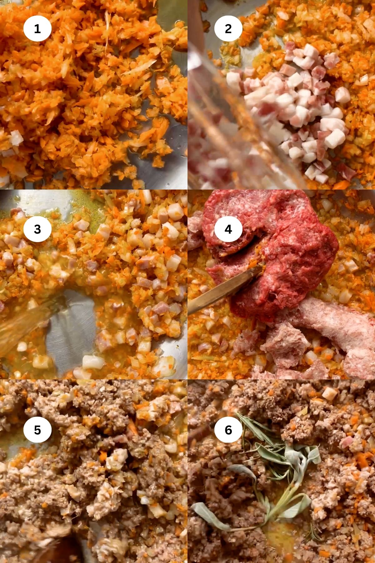 collage of photos to make a white ragu sauce. 