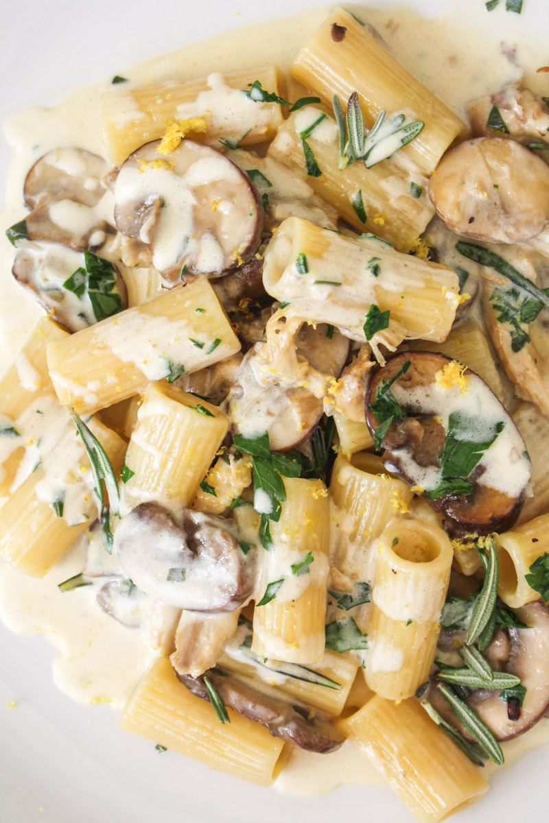 close up image of chicken and mushroom pasta recipe on a white plate.
