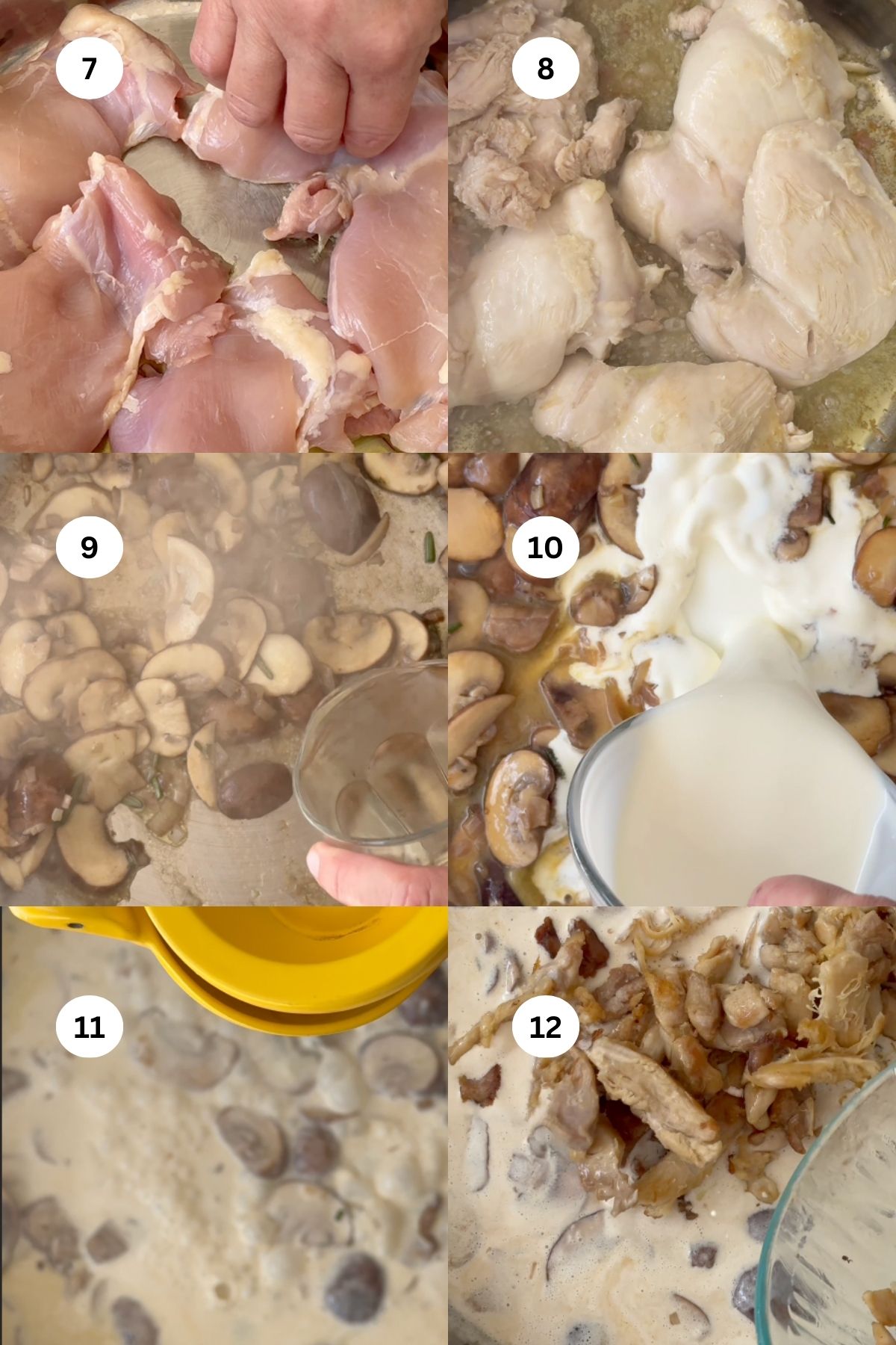 collage of images to make chicken and mushroom pasta step by step.
