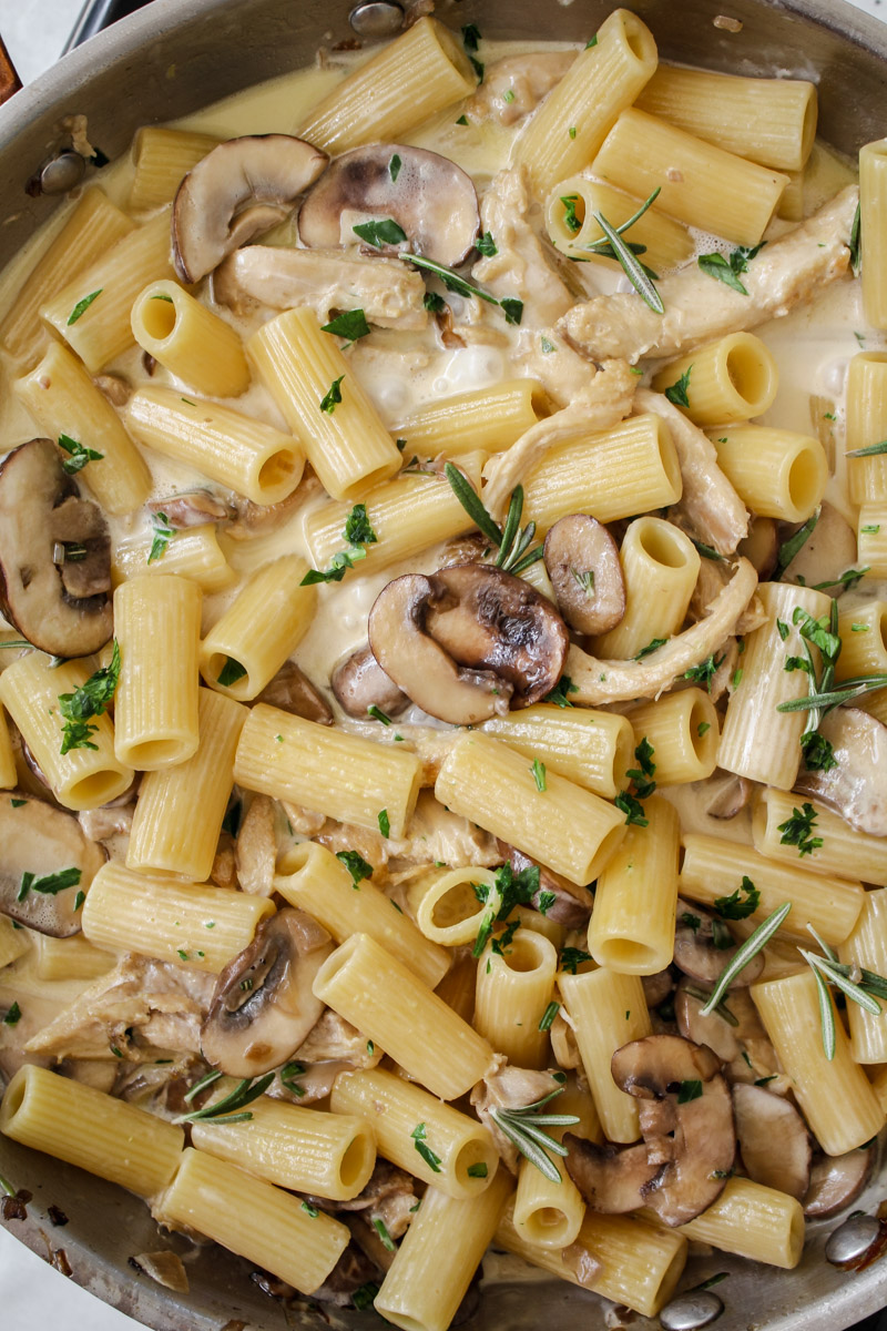 close up image of chicken and mushroom creamy pasta in a skillet. 
