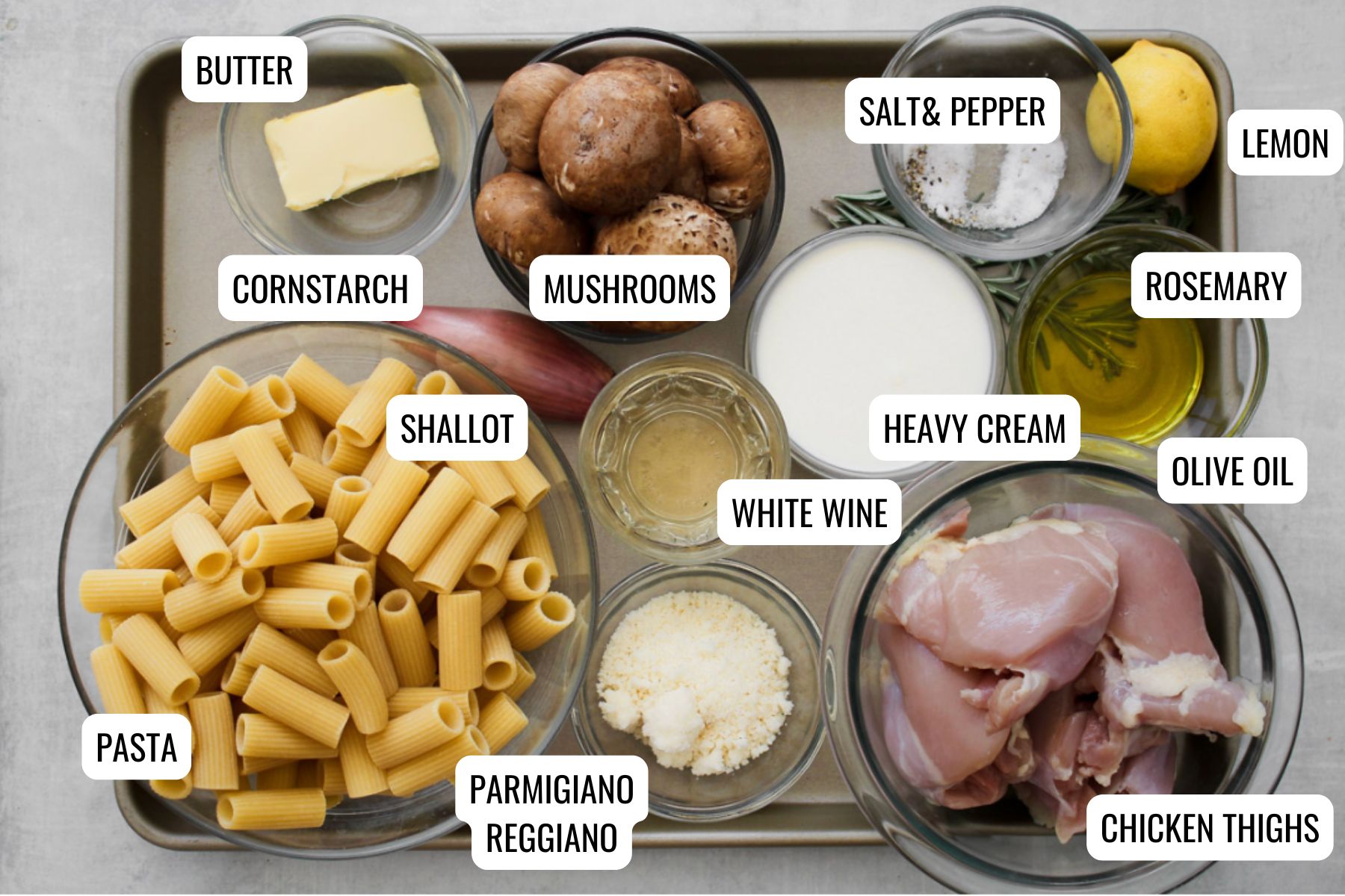 Creamy chicken pasta ingredients.
