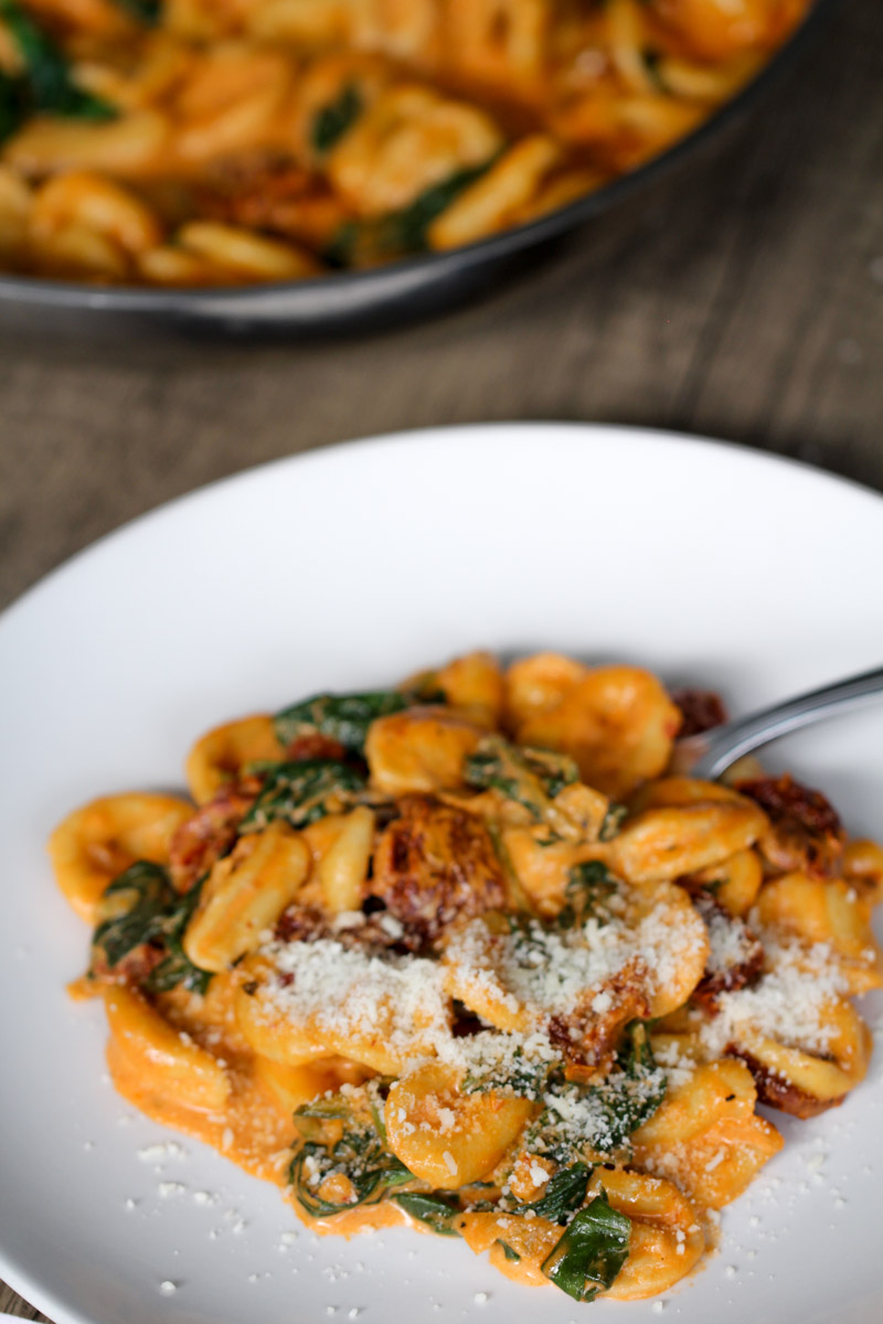 Sun dried tomato pasta on white plate.