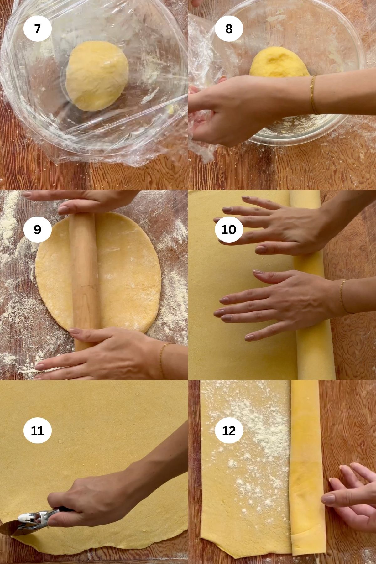 collage of images showing how to make tagliatelle step by step.