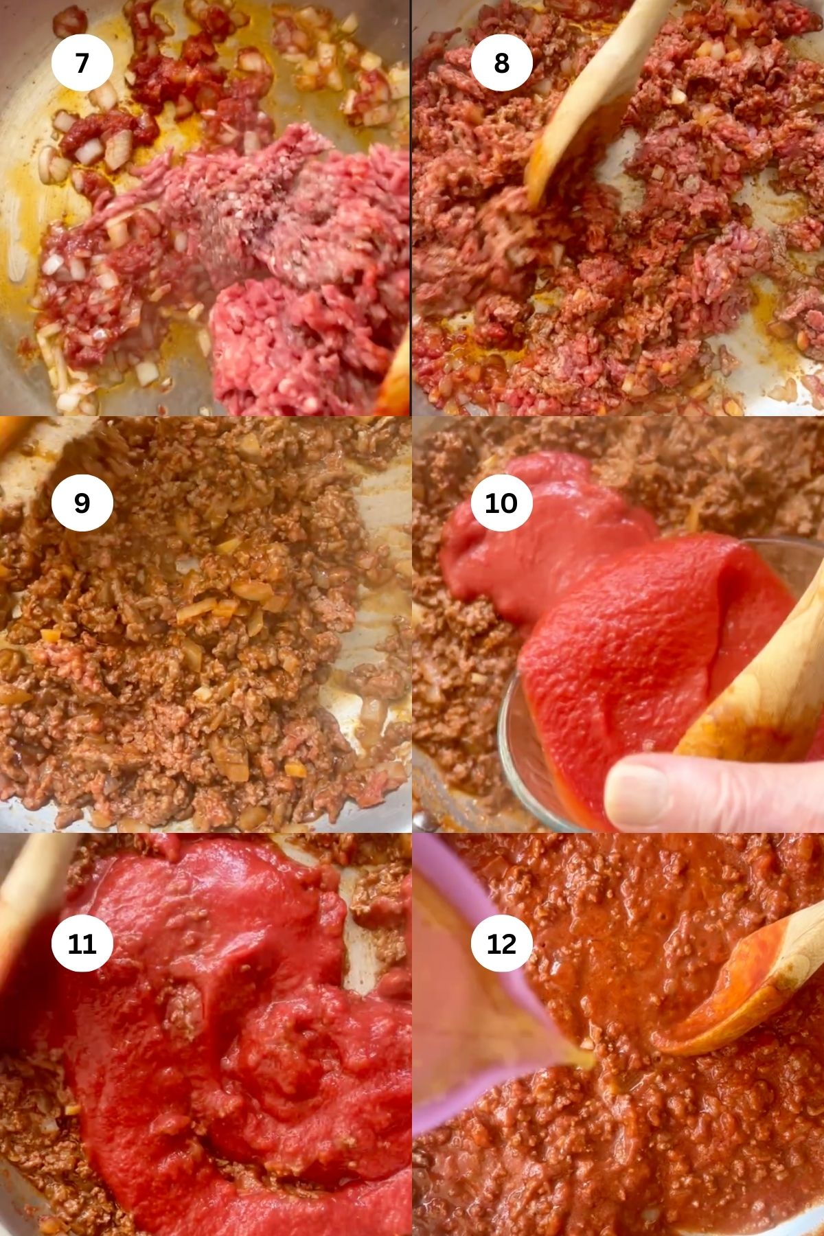 collage of images of making creamy ground beef pasta.