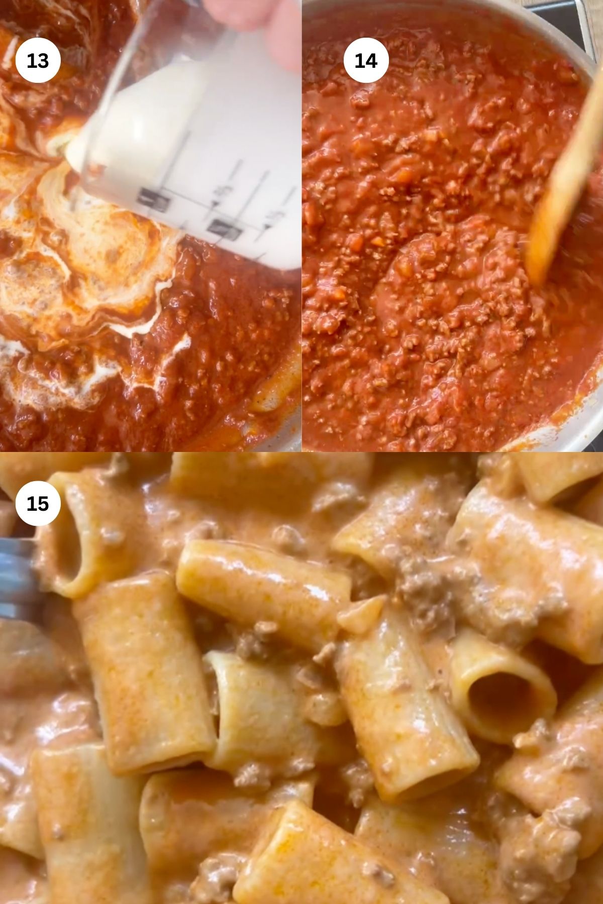 collage of images to make creamy ground beef pasta.