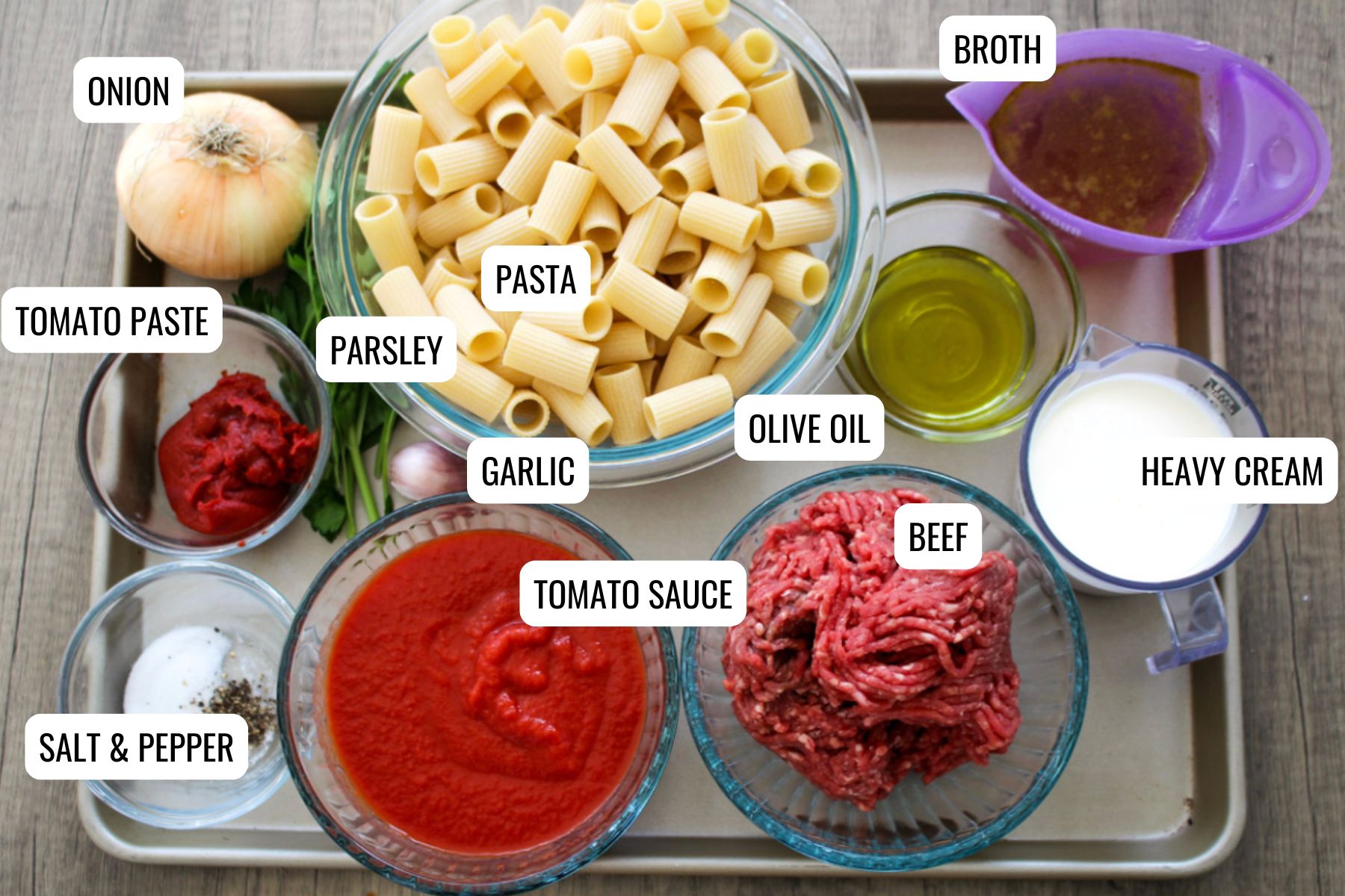 Creamy ground beef pasta ingredients.