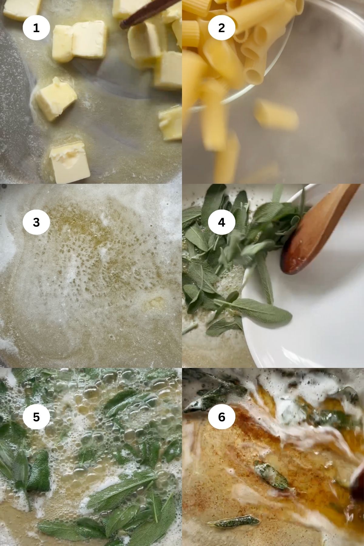 step by step photo collage of how to make pasta with butter and sage sauce.