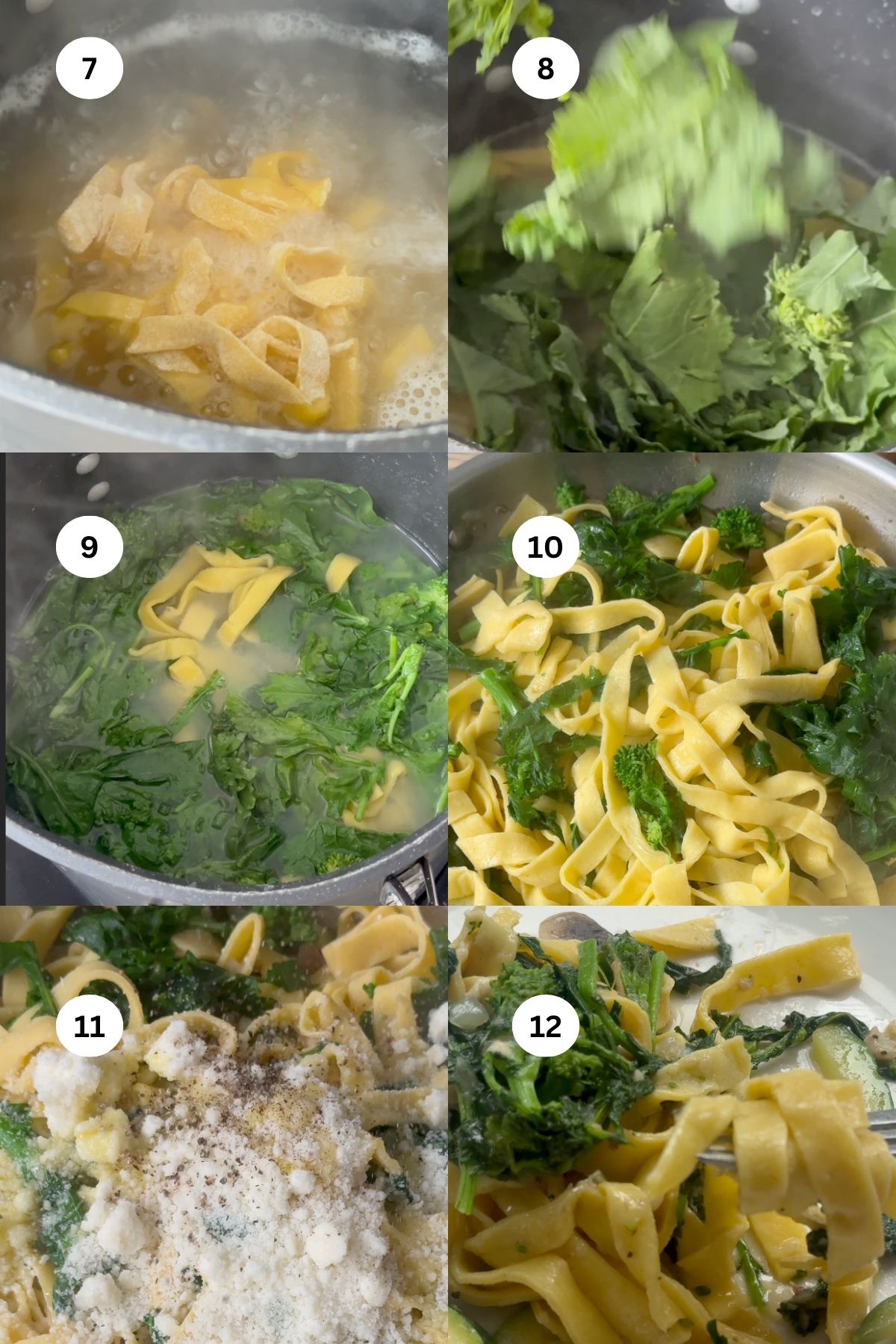 collage of photos showing how to make mushroom and zucchini pasta.