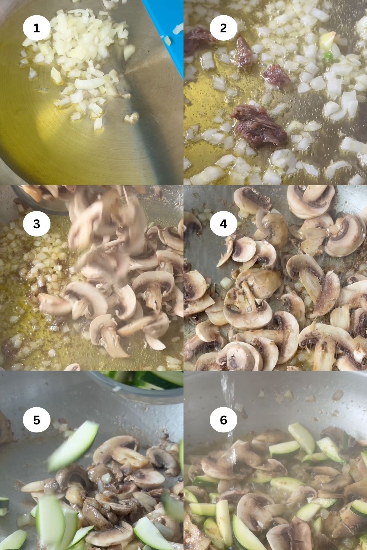 collage of photos showing how to make mushroom and zucchini pasta.