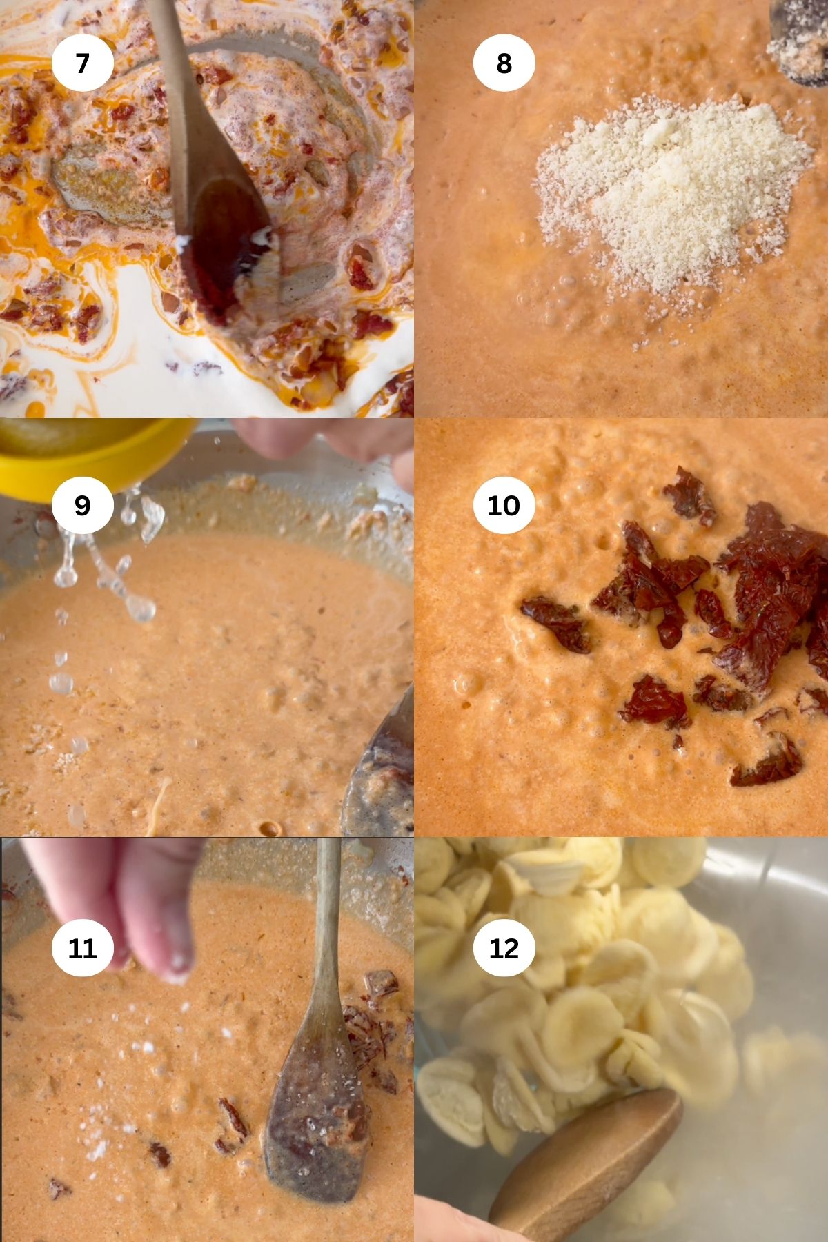 collage of photos showing how to make sun dried tomato pasta. 