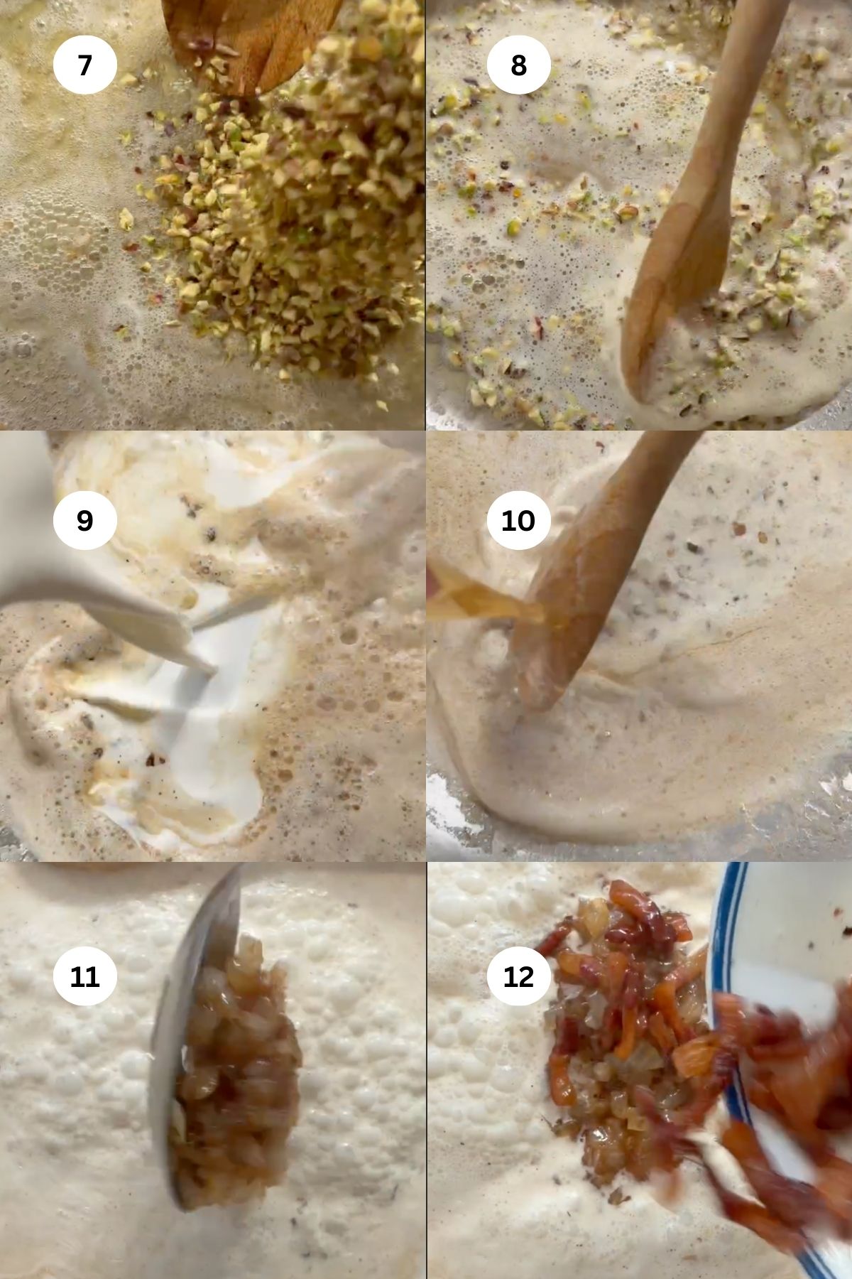 collage of photos to make creamy pistachio pasta. 