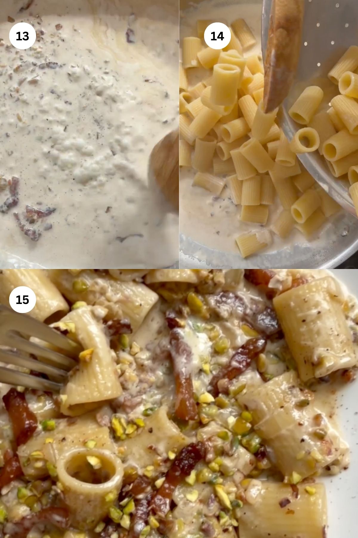 collage of photos to make creamy pistachio pasta. 