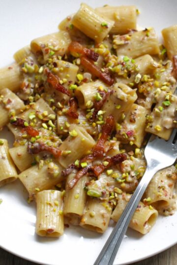 Pistachio pasta closeup.