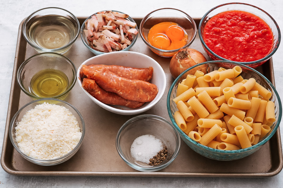 overhead image of ingredients in glass bowls to make zozzona pasta on a baking tray. 