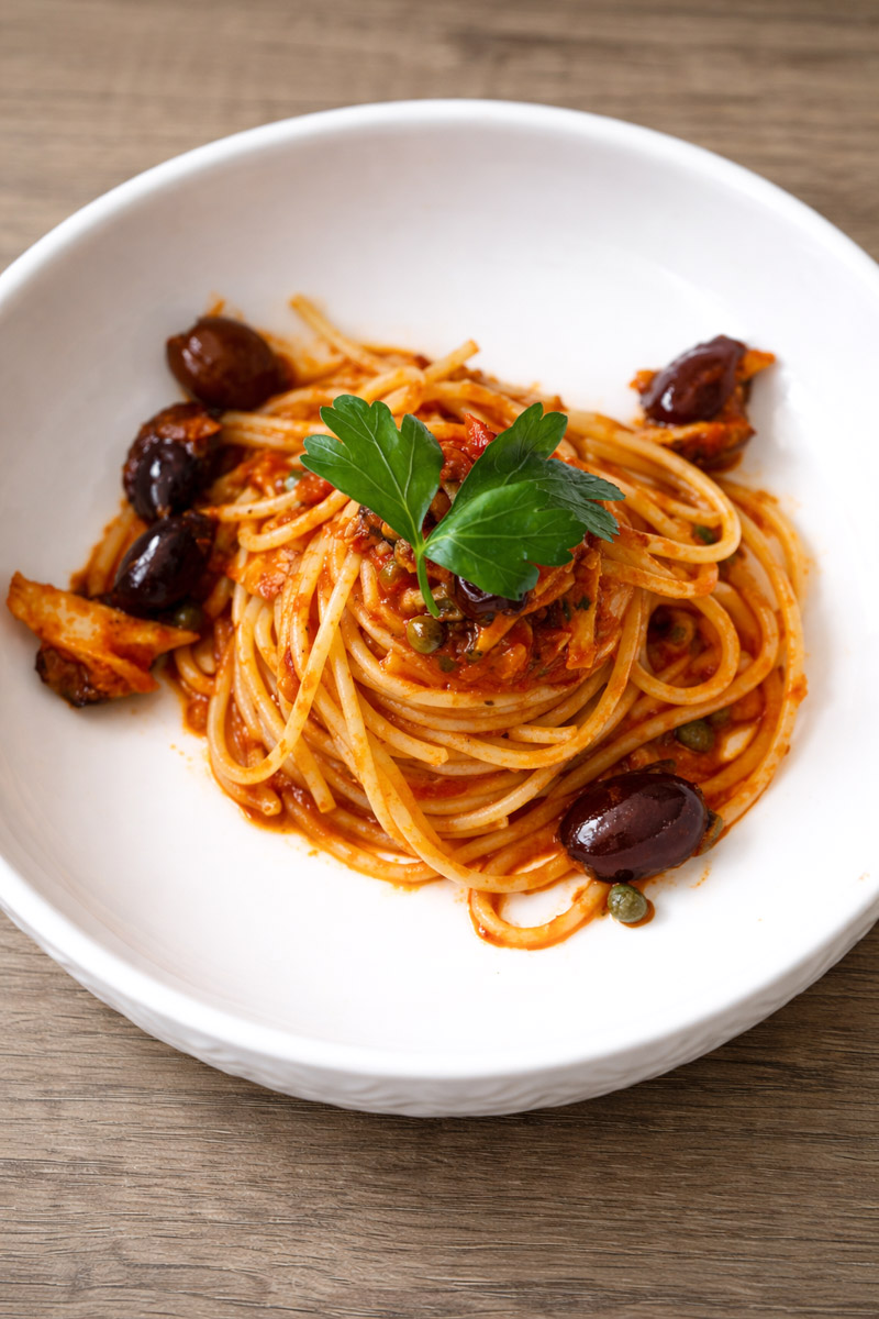 close up image of pasta with a tuna and olive sauce in a white bowl.
