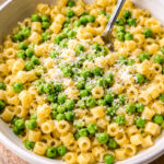 Pasta with peas overhead shot.